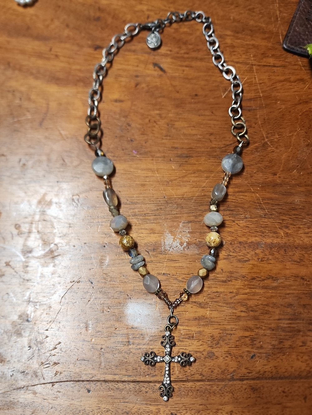 LU Handcrafted Gray and Gold Cross Necklace
